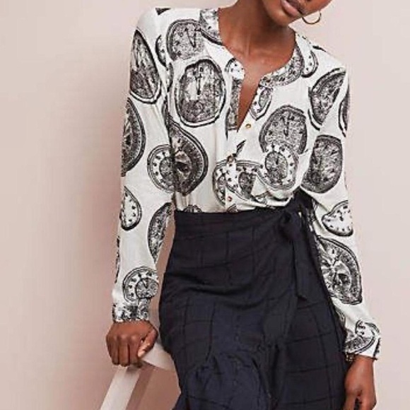 Anthropologie Conversations Clock Long Sleeve Blouse Top 27 of 52 - Picture 1 of 8